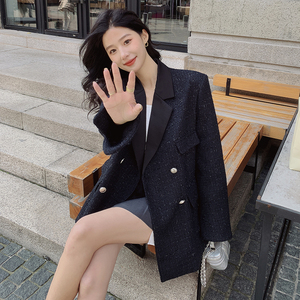 黑色小香风西装外套女2025春秋新款高级感大码双排扣气质休闲西服图片