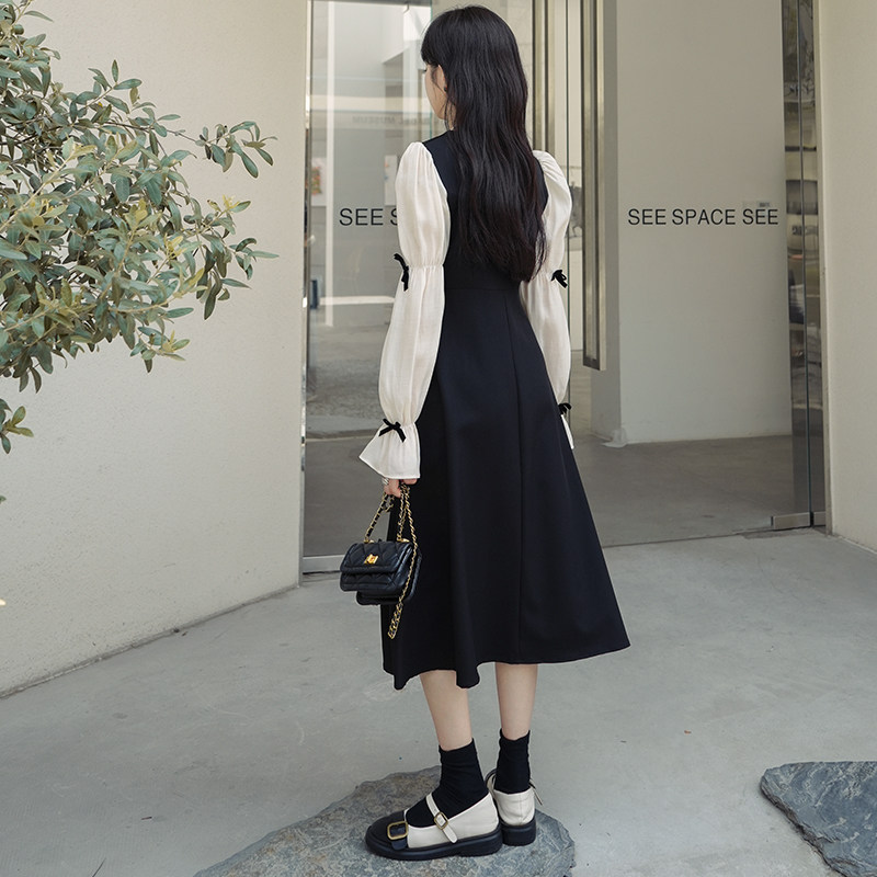 法式复古撞色拼接长袖连衣裙女2024秋季新款设计感收腰气质小黑裙，女装连衣裙，浙宝088