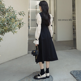 法式复古撞色拼接长袖连衣裙女2024秋季新款设计感收腰气质小黑裙，女装连衣裙，浙宝088