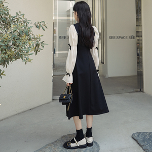 法式复古撞色拼接长袖连衣裙女2024秋季新款设计感收腰气质小黑裙,女装连衣裙,浙宝088