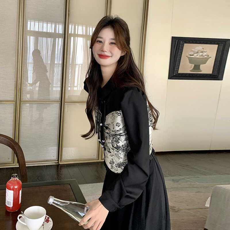 新中式国风穿搭黑色连衣裙叠穿马甲女春秋超火好看高级感长裙套装,女装连衣裙,浙宝088