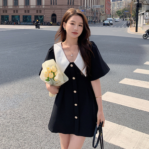 法式复古连衣裙女夏新款气质小个子高级感收腰显瘦a字小黑裙短裙图片