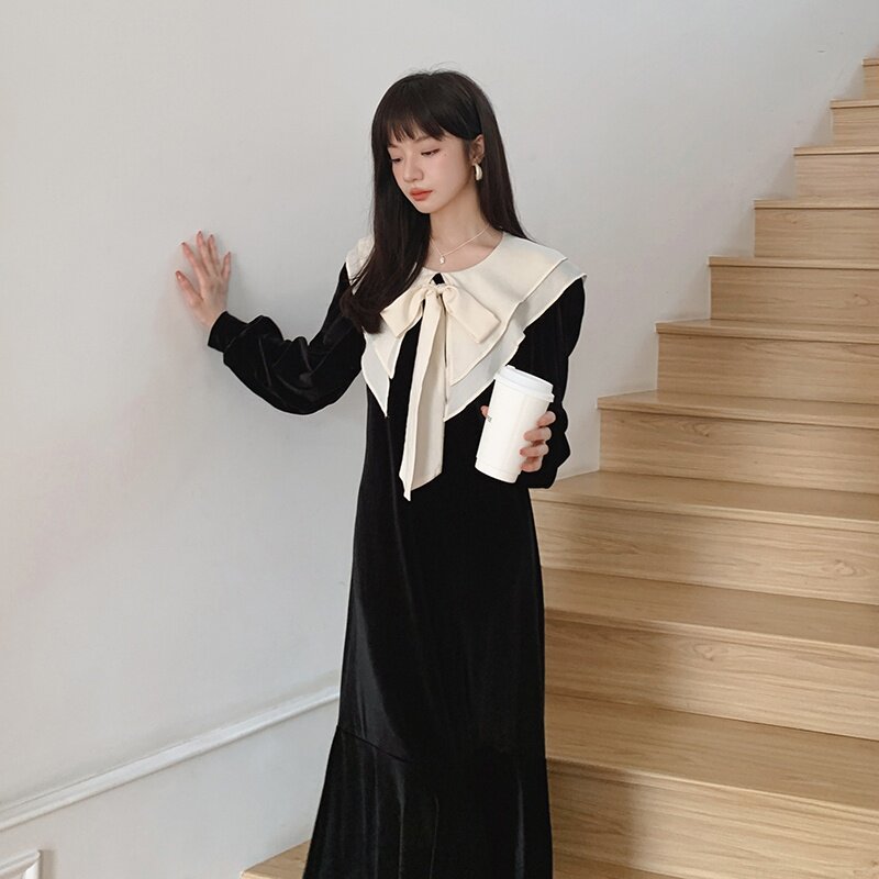 黑色复古丝绒连衣裙女2024秋季新款设计感小众赫本风长袖鱼尾长裙,女装连衣裙,浙宝088