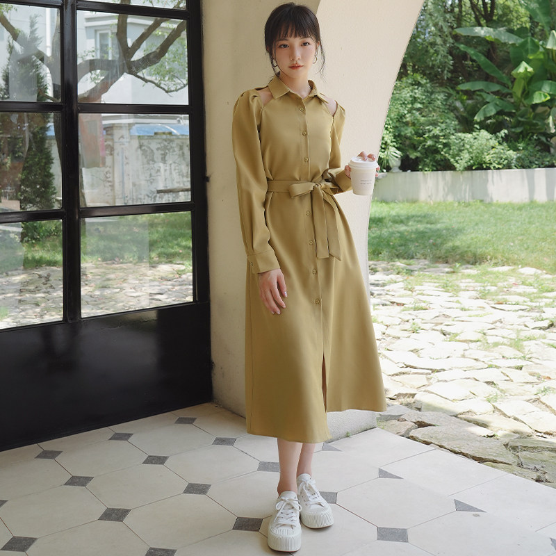 露肩气质衬衫连衣裙女2022早秋新款女法式宽松高级设计感小众裙子,女装连衣裙,浙宝088