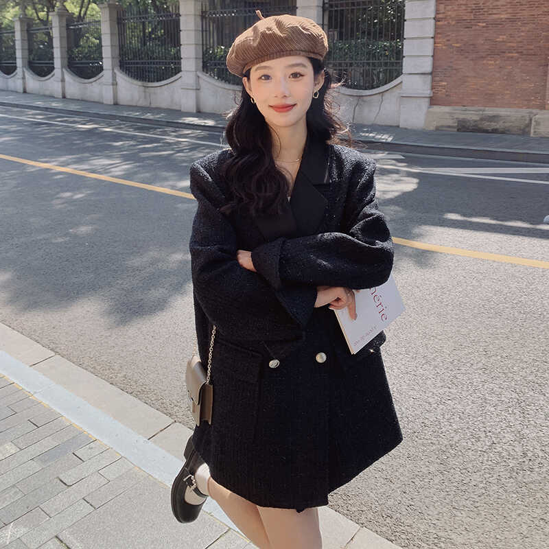 韩系黑色西装外套女春秋2025新款质感高级复古小香风宽松上衣西服,女装西装,浙宝088
