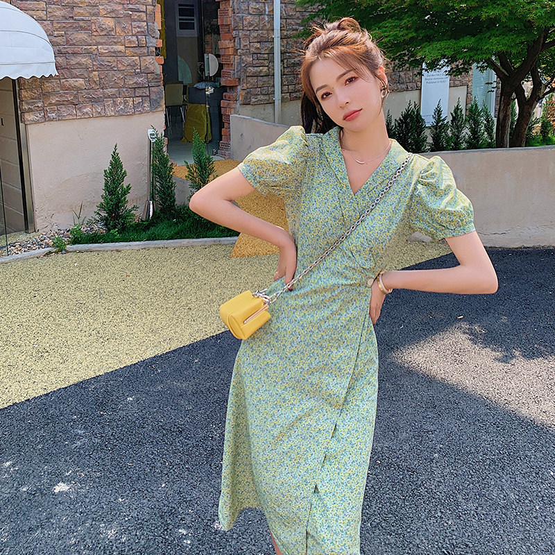 茶歇法式泡泡袖绿色碎花雪纺连衣裙女夏2025新款气质修身收腰裙子,女装连衣裙,浙宝088