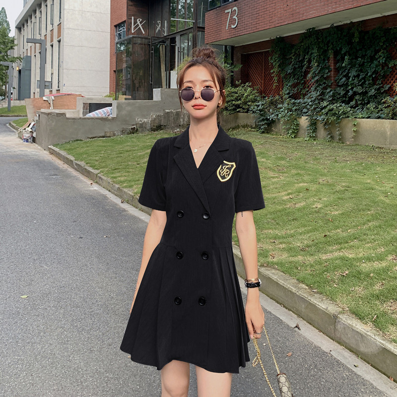 欧洲站双排扣黑色西装连衣裙女夏百褶裙小个子短款JK裙子学生显瘦,女装连衣裙,浙宝088