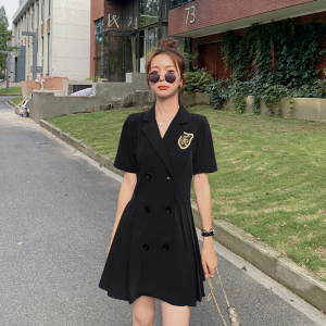 欧洲站双排扣黑色西装连衣裙女夏百褶裙小个子短款JK裙子学生显瘦