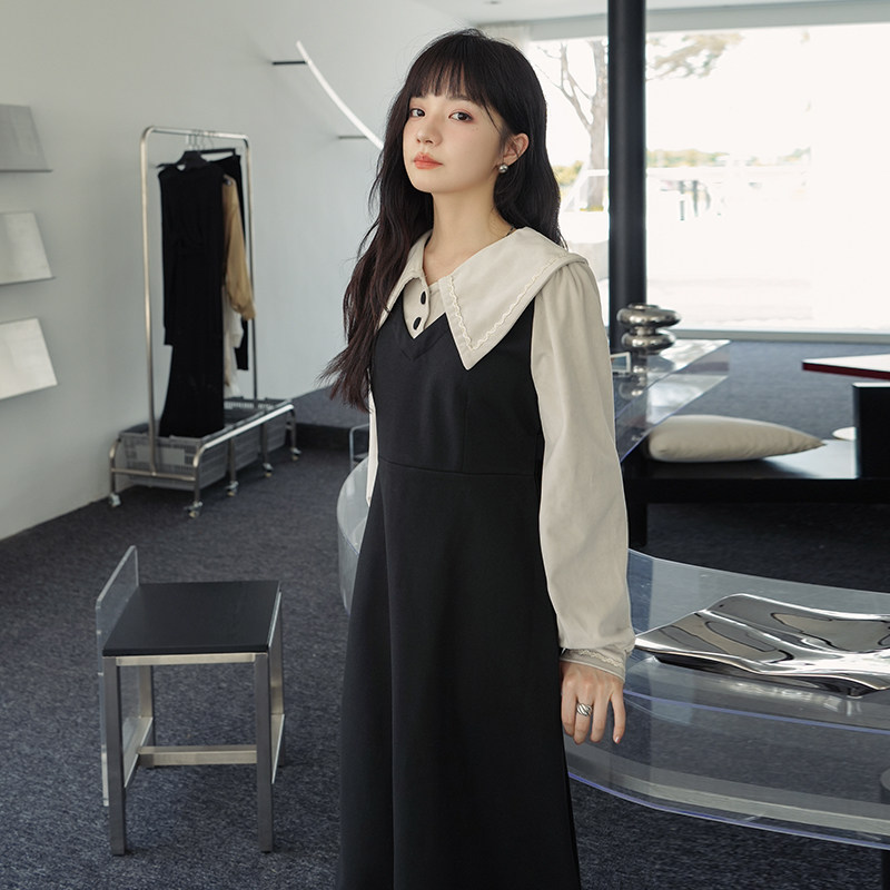 现货M127P115K1682024春秋装撞色拼接长袖花边连衣裙,女装连衣裙,浙宝088