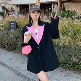 黑色西装外套女春秋2025新款高级感设计小众气质垫肩宽松撞色西服，女装西装，浙宝088