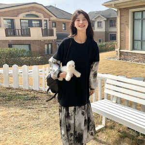 新中式黑色假两件水墨画拼接卫衣裙女2025春新款中长款过膝连衣裙图片