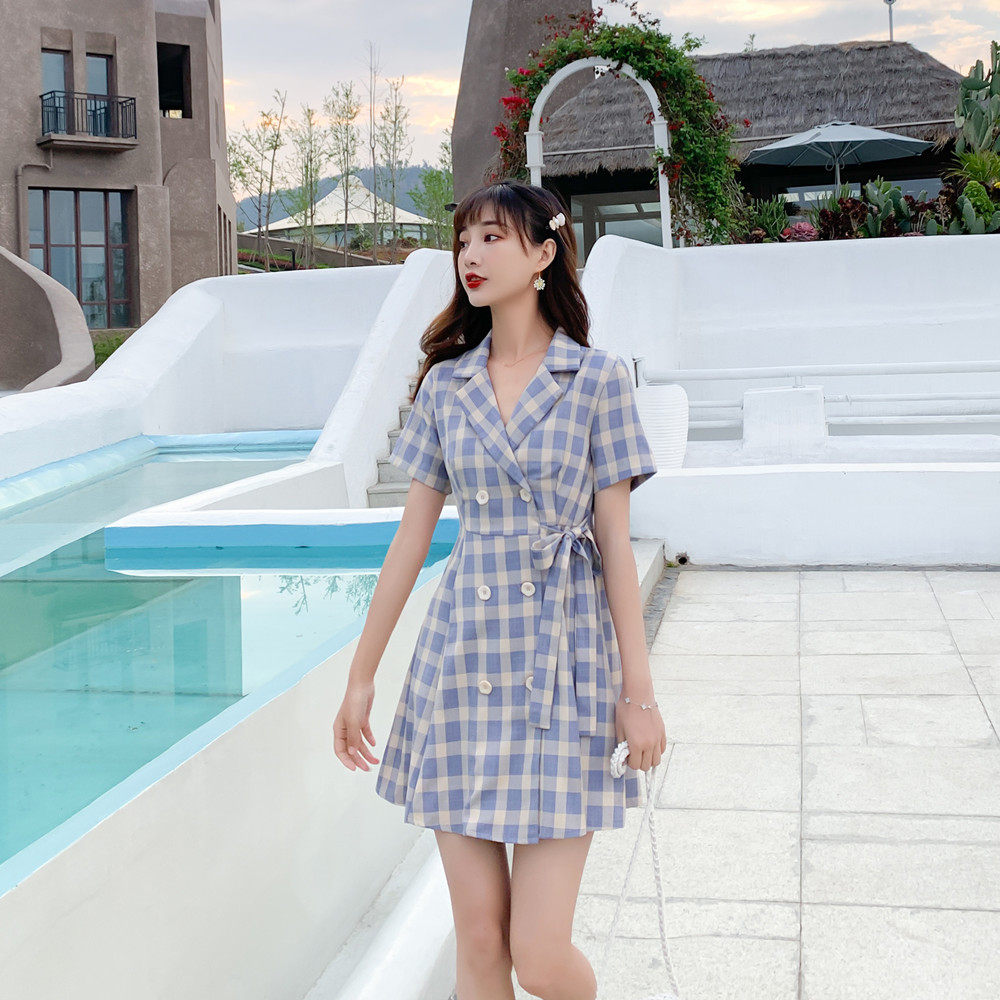 现货X215P85K1382021夏季新款格子蝴蝶结西装领连衣裙，女装连衣裙，浙宝088