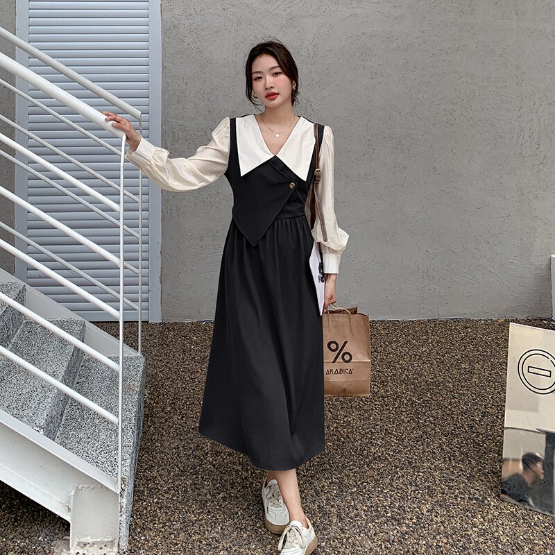 出货中M183P115K1682024春秋装新款假两件撞色连衣裙2色,女装连衣裙,浙宝088
