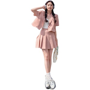 粉色西装百褶裙套装女薄款2023夏新款小个子高级感西服外套两件套图片