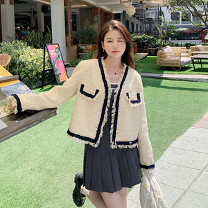 现货M510P135K188 2024春装新款小香风牛仔拼接单排扣外套女图片