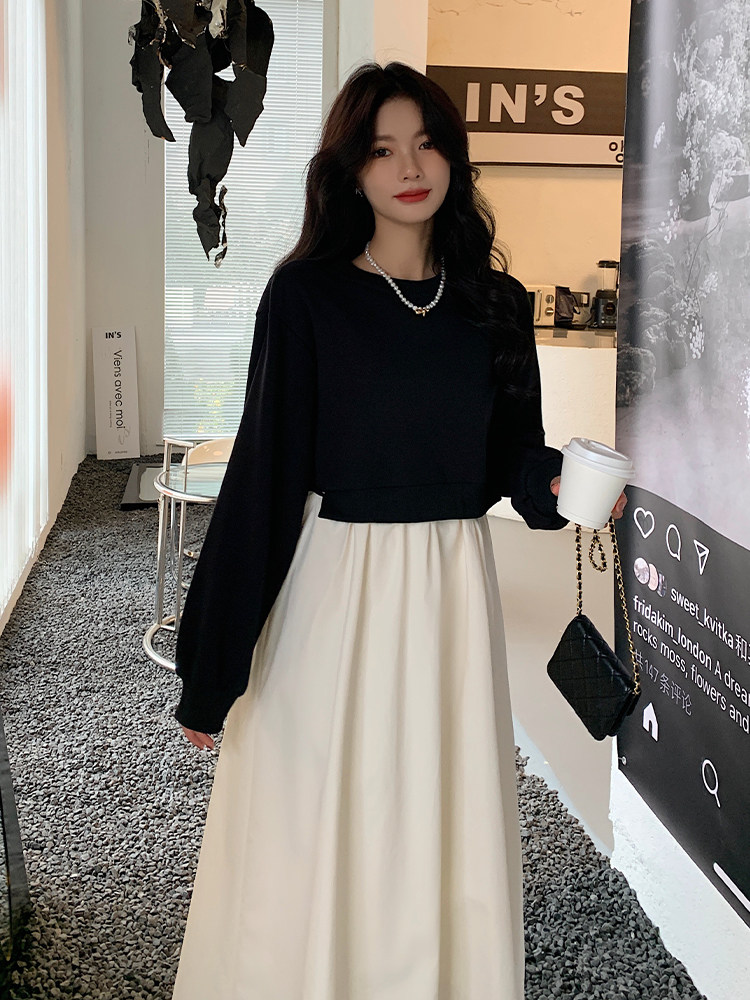 韩版时尚复古甜美气质连衣裙女款宽松显瘦2025春秋新款撞色拼接裙,女装连衣裙,浙宝088