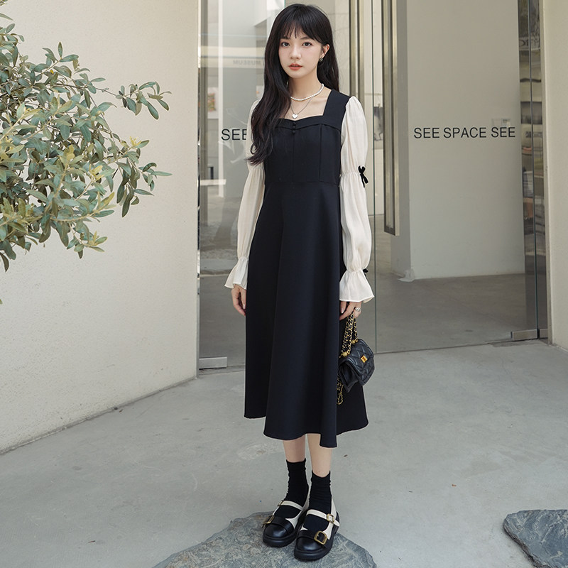 法式复古撞色拼接长袖连衣裙女2024秋季新款设计感收腰气质小黑裙,女装连衣裙,浙宝088