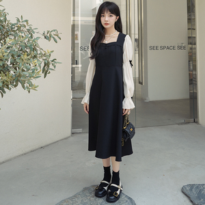 法式复古撞色拼接长袖连衣裙女2024秋季新款设计感收腰气质小黑裙图片