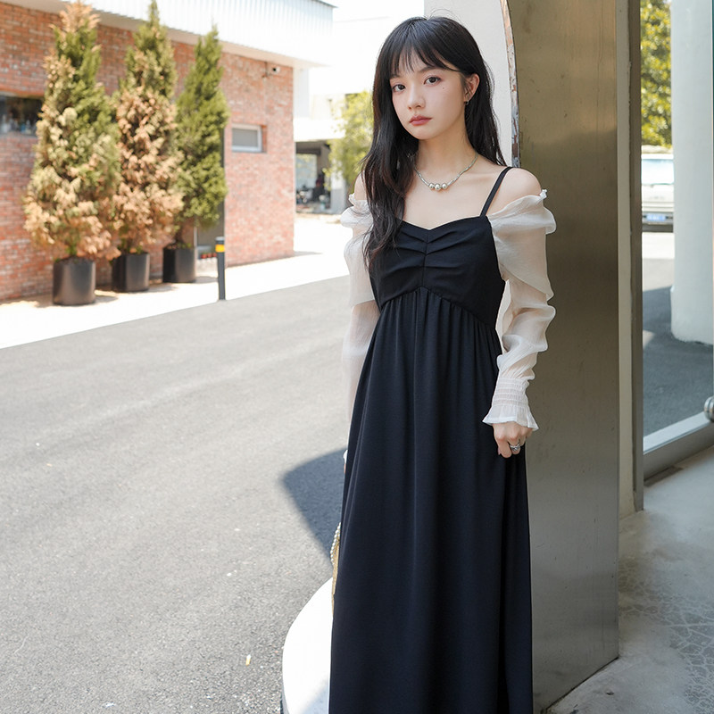 黑色落肩吊带连衣裙女春秋2025新款女装别致独特露背收腰小黑裙冬,女装连衣裙,浙宝088