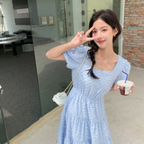 蓝色泡泡袖连衣裙女2025年夏季新款法式温柔风气质显瘦甜美初恋裙，女装连衣裙，浙宝088