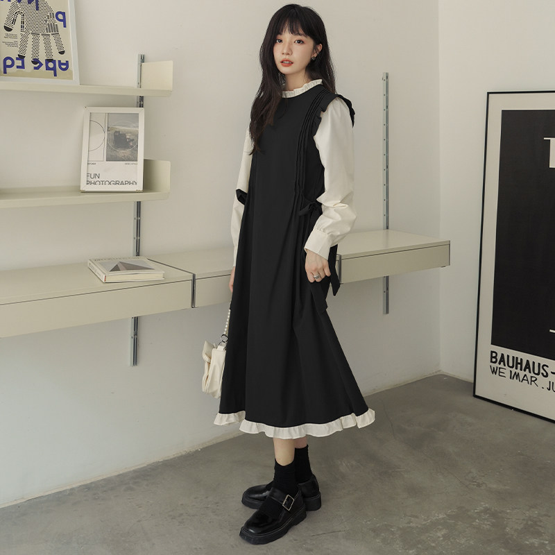 日系黑色背带连衣裙女夏2025新款宽松休闲减龄气质长裙假,女装连衣裙,浙宝088