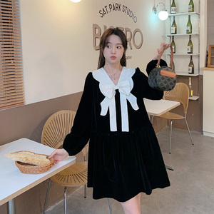 法式v领蝴蝶结连衣裙女春秋2025年新款宽松气质名媛小黑裙高级感图片