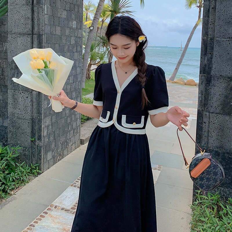 现货M532P115K1682024夏装长款拼接中长款撞色连衣裙,女装连衣裙,浙宝088