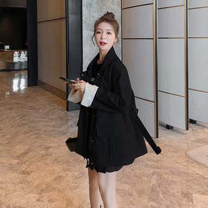 现货X977P145K198春装新款短款皮衣袖口条纹撞色外套女新加XS图片