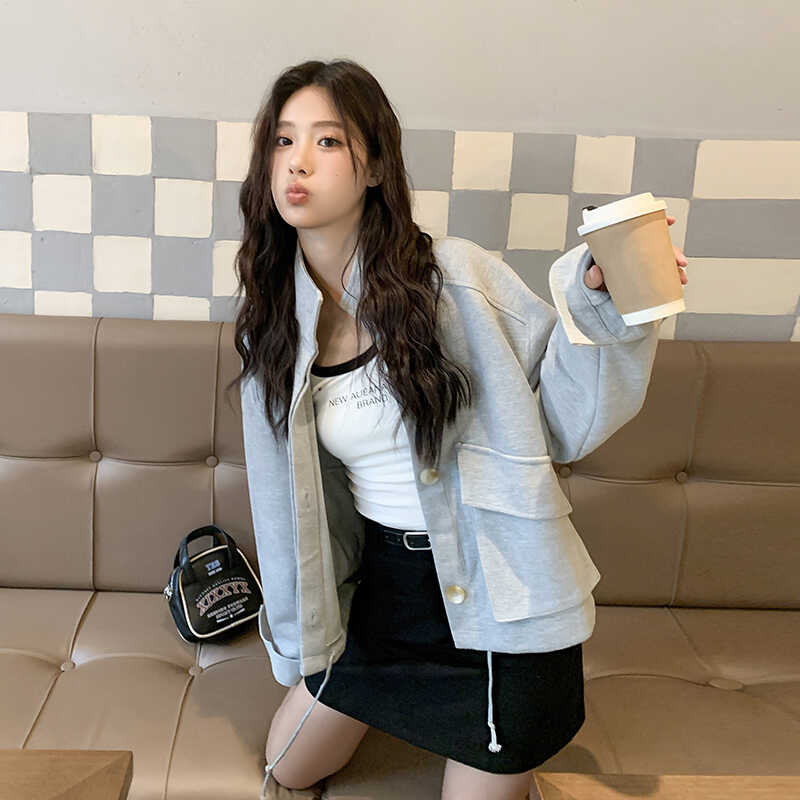 灰色立领休闲宽松短外套女2023秋季新款韩版学院风小个子炸街上衣,女装短外套,浙宝088