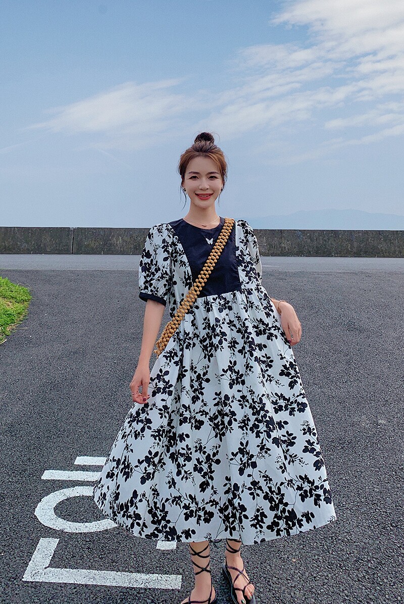 现货X998P95K1482021夏装新款水墨印花泡泡袖刺绣连衣裙,女装连衣裙,浙宝088