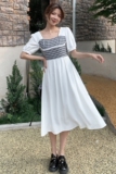 现货X1018P95K1482021夏装新款格子拼接泡泡袖连衣裙，女装连衣裙，浙宝088