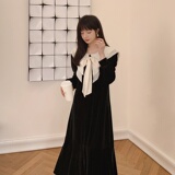 黑色复古丝绒连衣裙女2024秋季新款设计感小众赫本风长袖鱼尾长裙，女装连衣裙，浙宝088