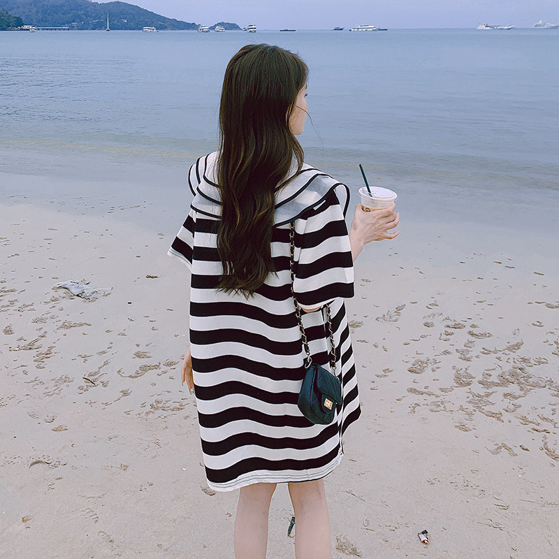 娃娃领黑白条纹连衣裙女2025夏季新款韩版宽松可爱减龄小个子裙子,女装连衣裙,浙宝088