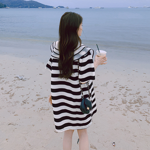 娃娃领黑白条纹连衣裙女2025夏季新款韩版宽松可爱减龄小个子裙子图片
