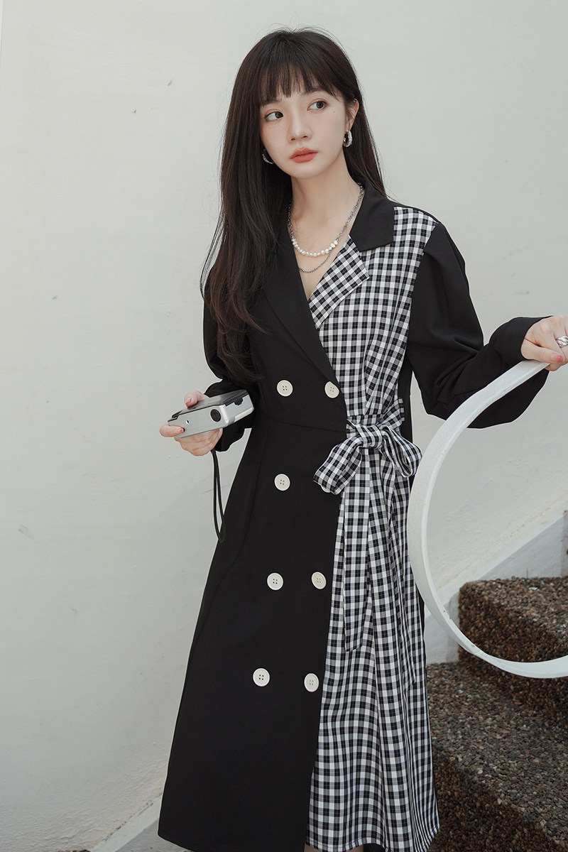 法式高级感拼接黑色西装连衣裙女春秋2025新款收腰显瘦长款a字裙,女装连衣裙,浙宝088