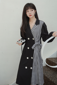 法式高级感拼接黑色西装连衣裙女春秋2025新款收腰显瘦长款a字裙图片