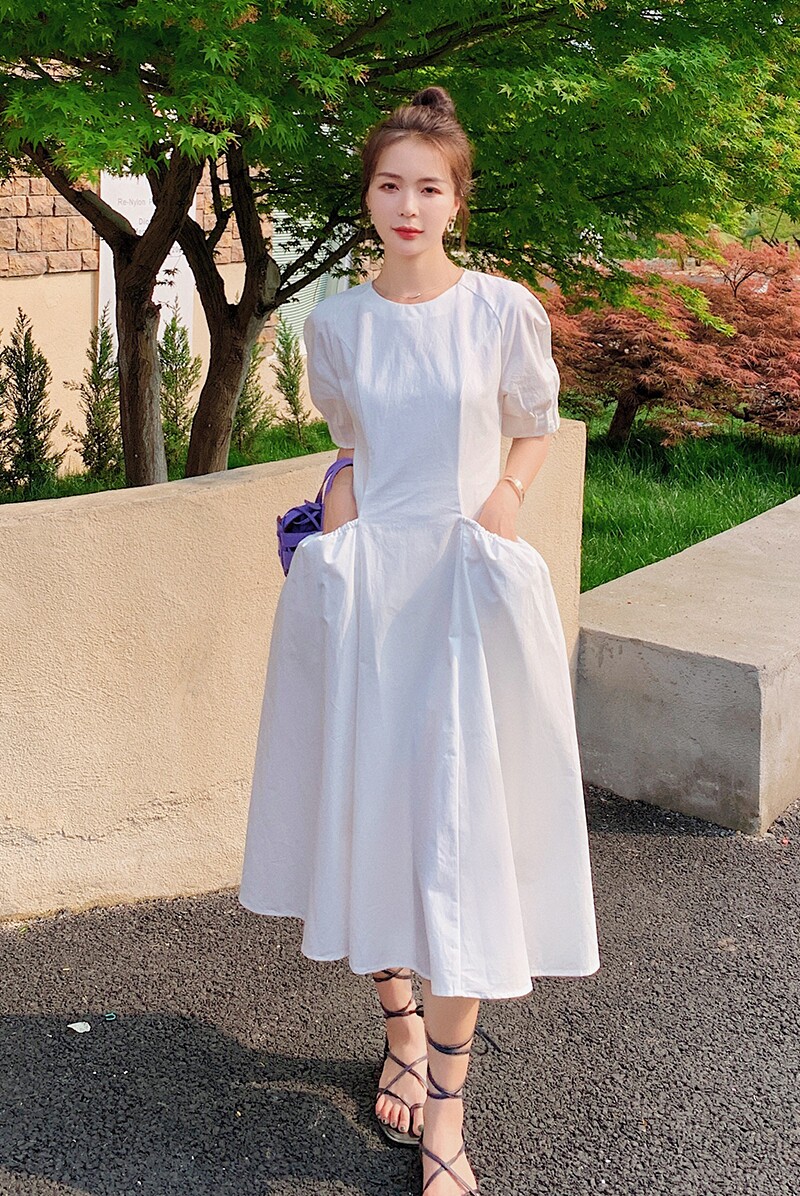 现货X1009P90K1482021夏装新款白色泡泡袖大口袋连衣裙,女装连衣裙,浙宝088