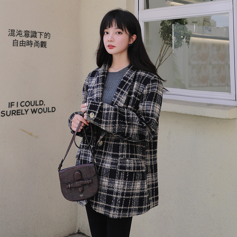 现货X879P120K188   2021秋冬装新款格子毛呢小西装外套图片