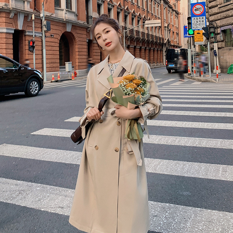 现货X971P145K198双排扣2022秋装新款中长款纯色风衣外套,女装风衣,浙宝088