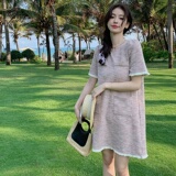 韩剧女主小香风连衣裙女2025年夏季新款法式高级感气质显瘦a字裙，女装连衣裙，浙宝088