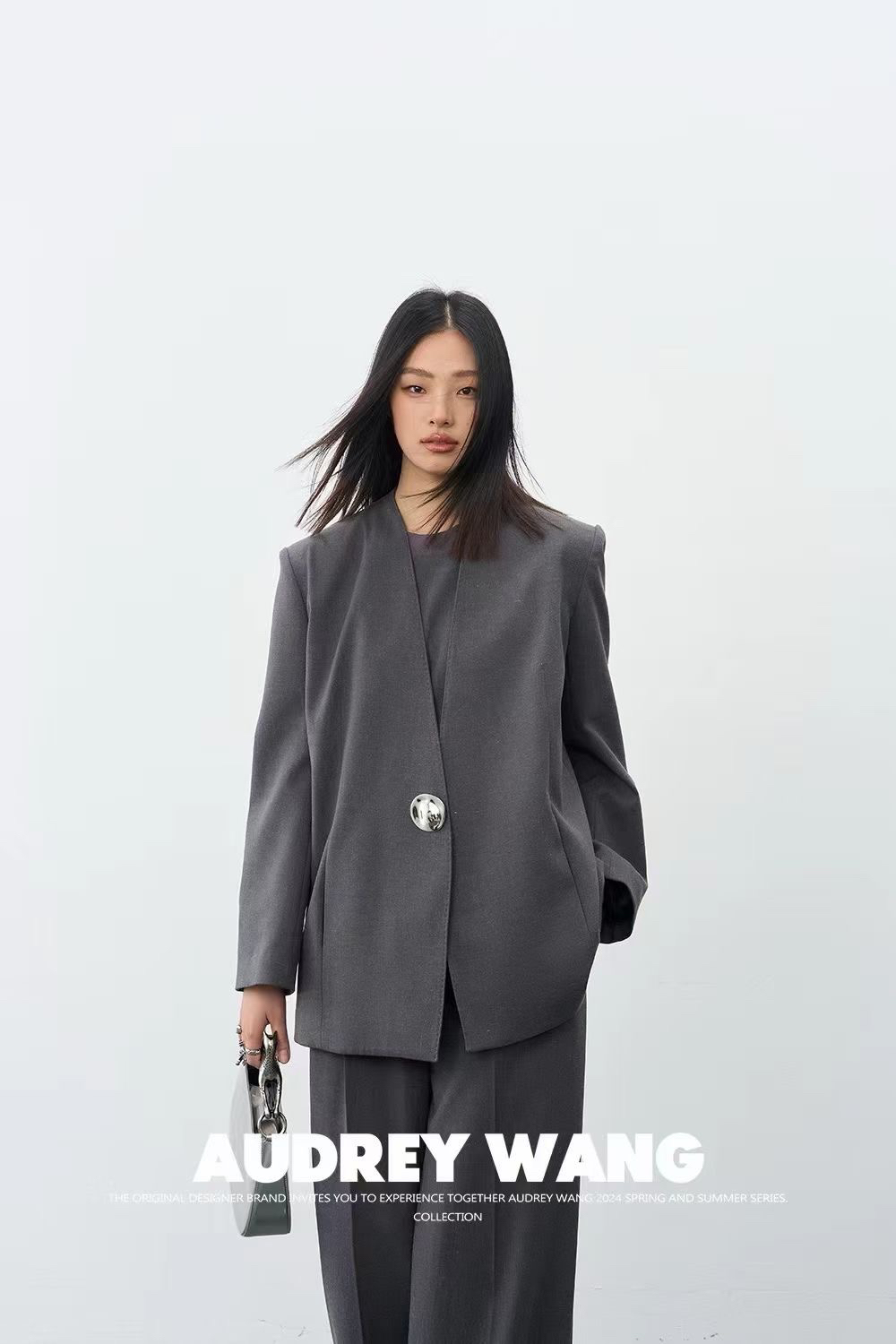 秀場同款AudreyWang金屬扣無領新中式西服上衣外套