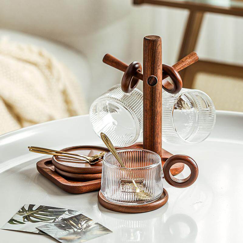 玻璃咖啡杯碟套装高级感日式透明下午茶杯耐高温家用木柄水杯带勺