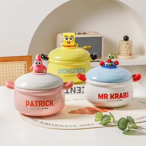 可爱泡面碗陶瓷带盖双耳碗卡通
