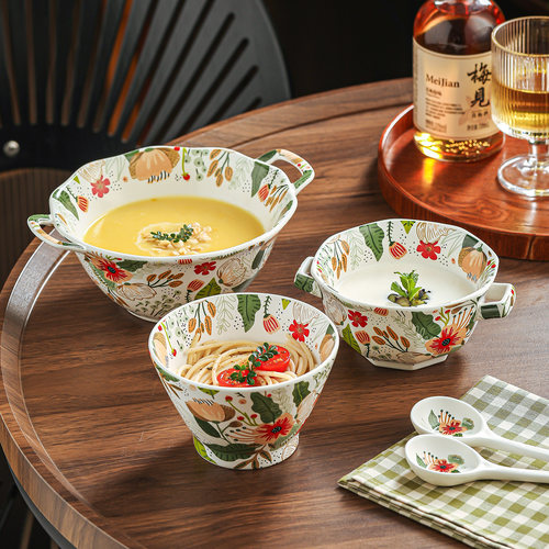 繁花斗笠碗八角碗家用饭碗陶瓷面碗双耳汤碗燕窝甜品高档碗勺套装