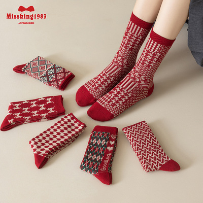 Missking1983本命年双针双路红袜子女秋冬情侣中筒袜结婚