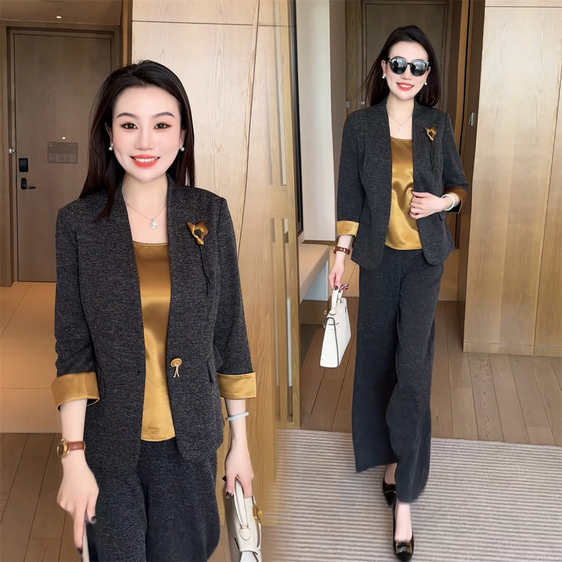 【婉星儿品牌】小香风春秋显瘦气质洋气时尚休闲百搭西装三件套装