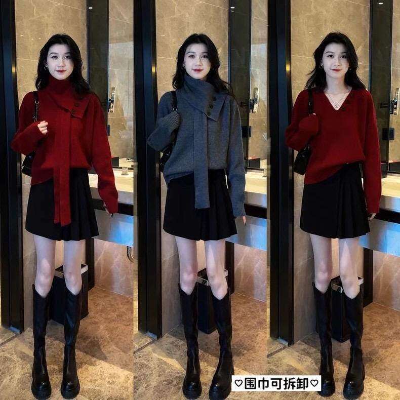 时尚新年红色毛衣女2026秋冬新款洋气显瘦打底针织衫短裙两件套潮