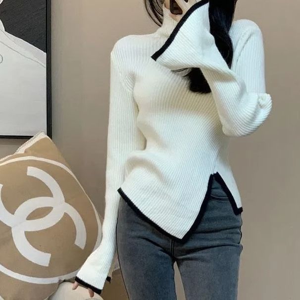 针织打底衫女秋冬冬季新款修身显瘦设计感小众微喇叭袖百搭毛衣女