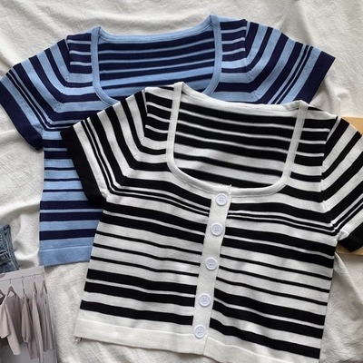 蓝色条纹方领正肩针织短袖t恤女夏季设计感小众冰丝针织衫短款