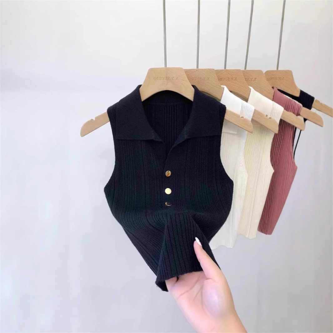 polo翻领薄款修身吊带外穿背心女春夏秋季冰丝针织坎肩无袖小上衣